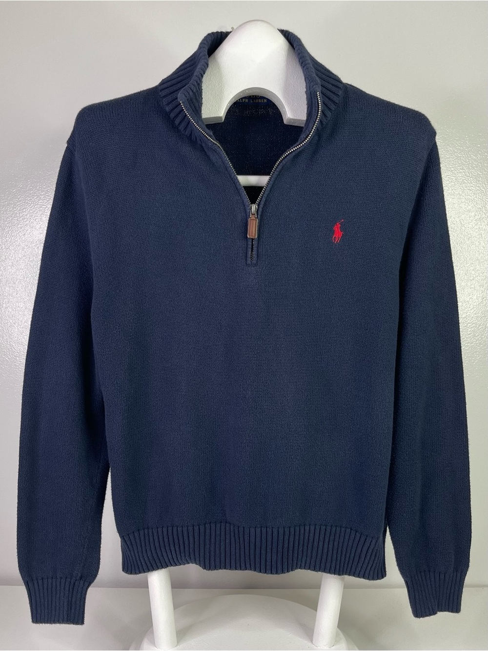 Polo Ralph Lauren Mens Large Navy Blue Cotton Quarter Zip Sweater Red Pony Logo